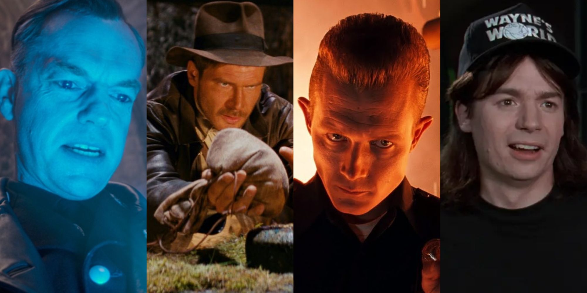 Split image of Red Skull, Indiana Jones, the T-1000, and Wayne Campbell