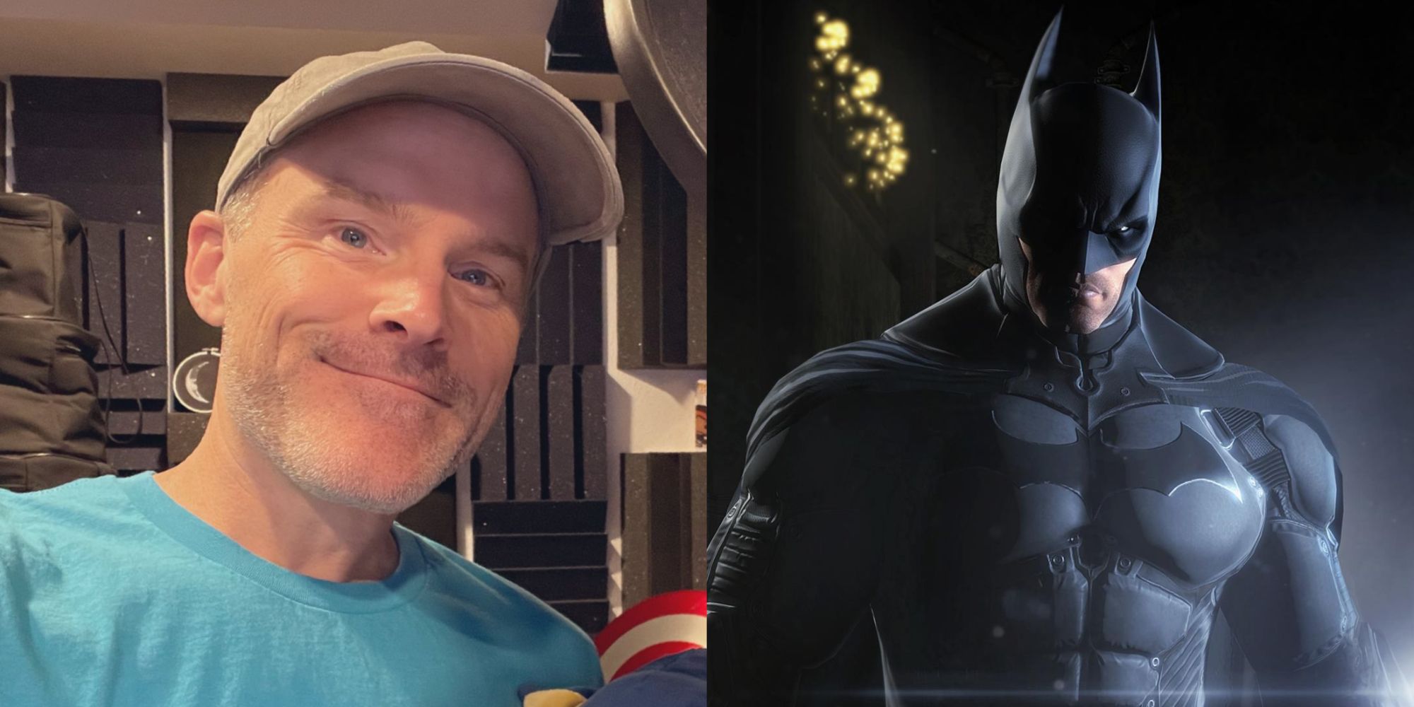 Imagem dividida de Roger Craig Smith e Batman de Batman Arkham Origins