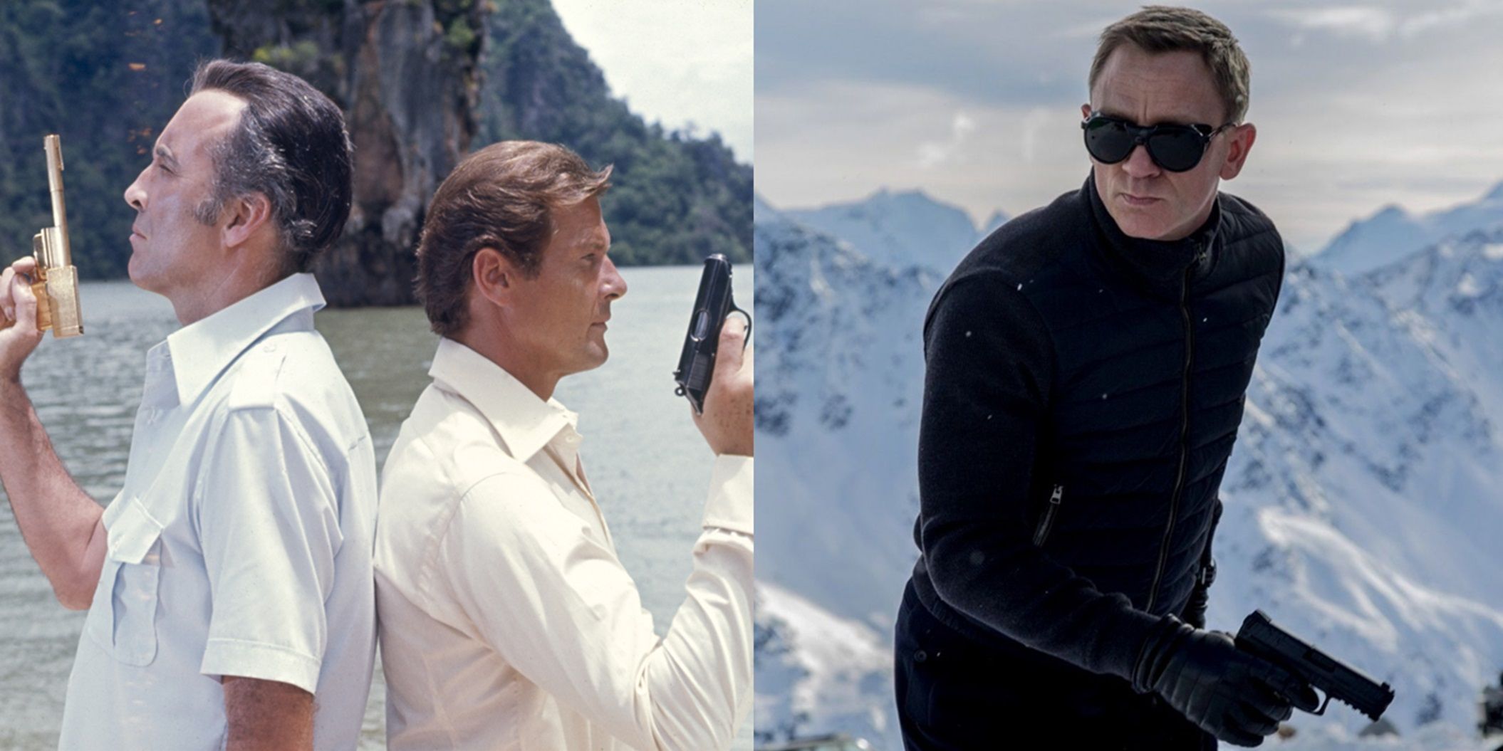 Split image of Roger Moore and Christopher Lee in The Man with the Golden Gun and Daniel Craig in Spectre