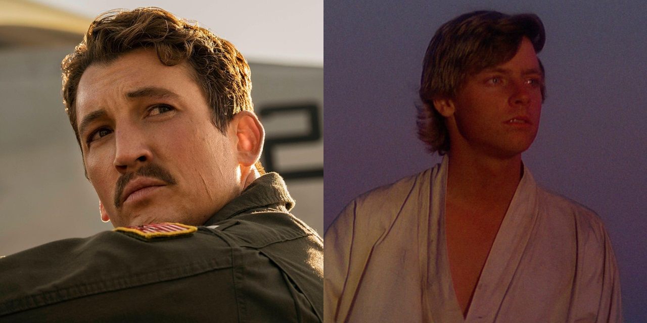 Imagem dividida de Galo em Top Gun Maverick e Luke em Star Wars