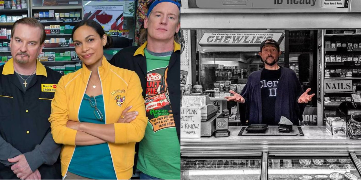 Split image of Rosario Dawson and the cast of Clerks III