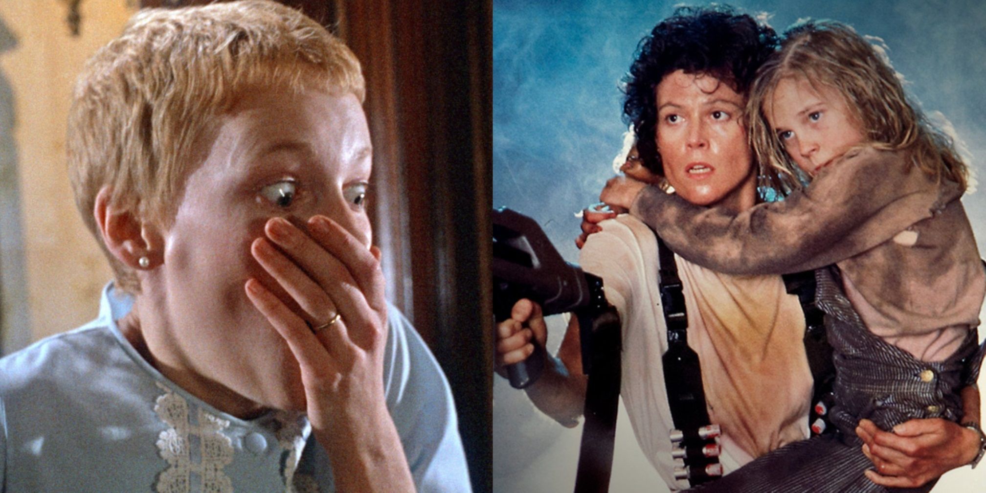 Split image of Rosemary in Rosemary's Baby and Ripley and Newt in Aliens