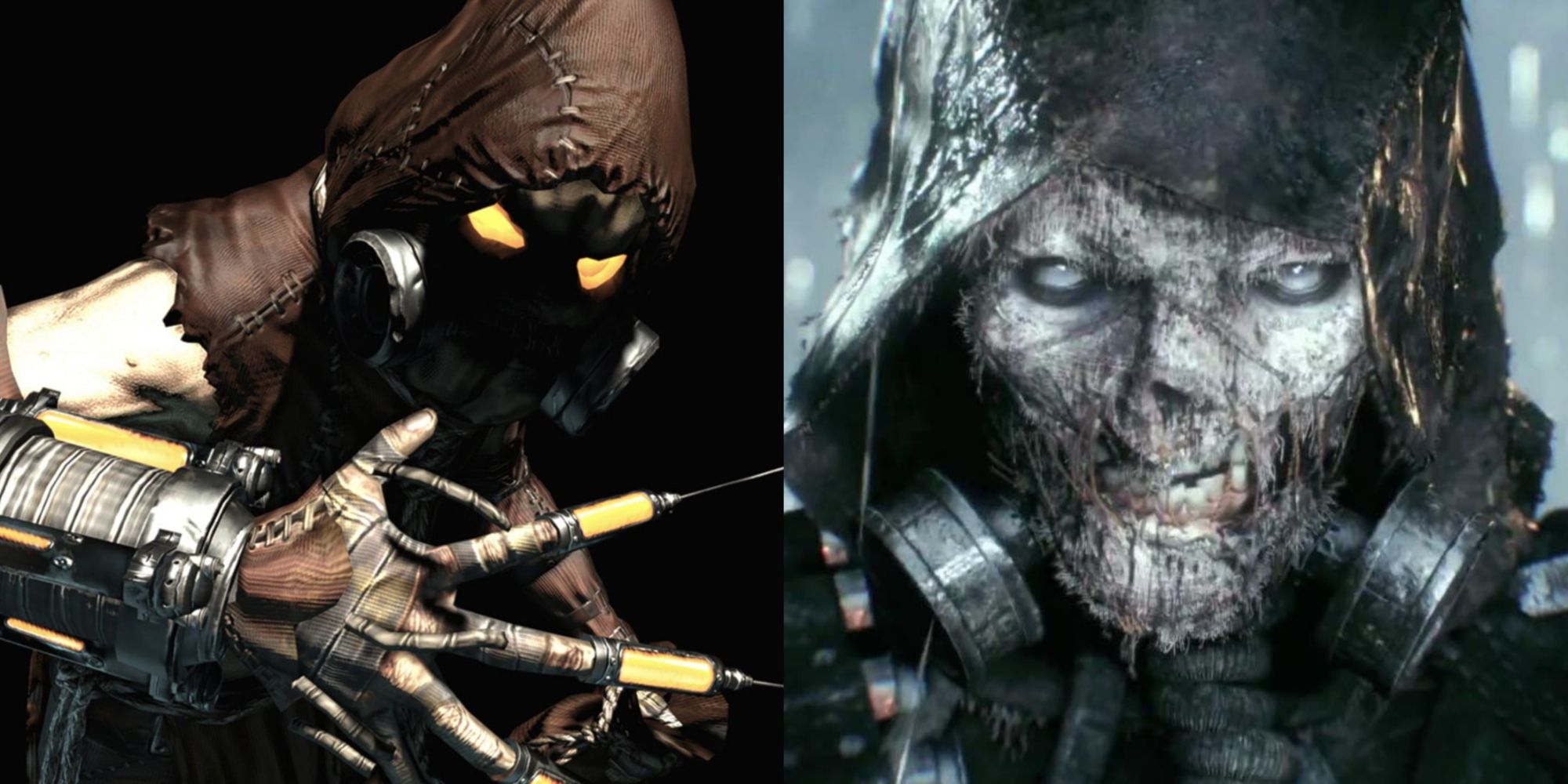 Imagem dividida do Espantalho em Batman Arkham Asylum e Arkham Knight