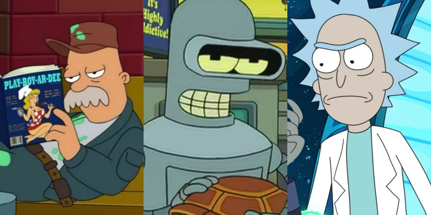 Split image of Scruffy and Bender in Futurama and Rick in Rick and Morty