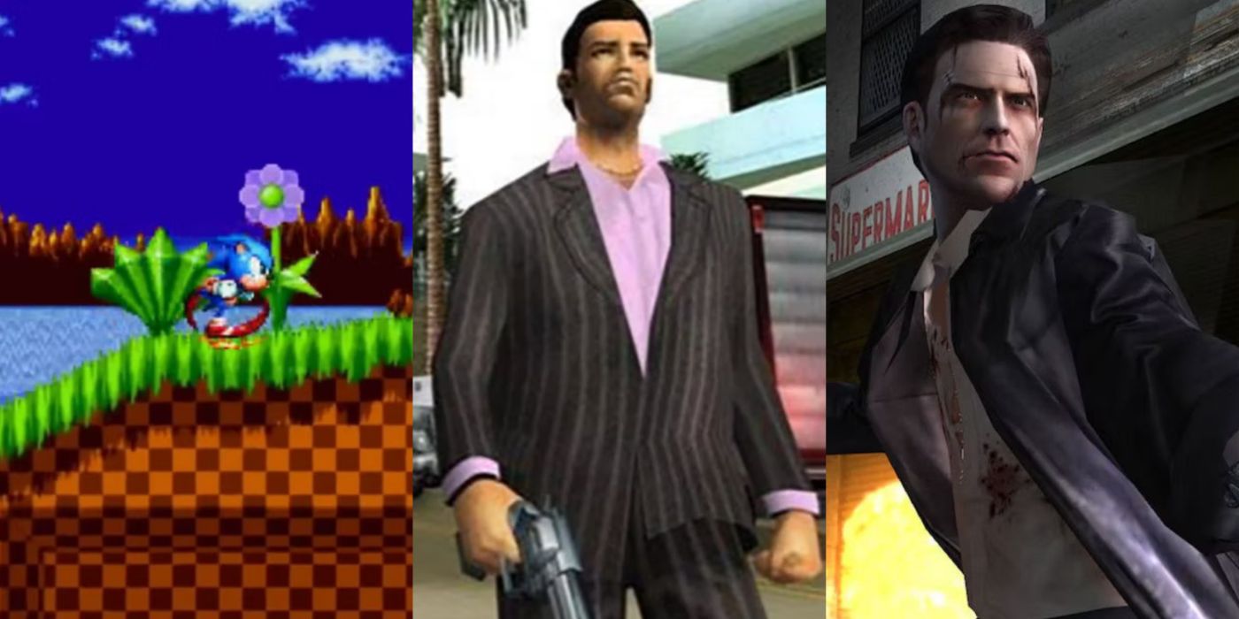 Split image of Sonic the Hedgehog, Grand Theft Auto Vice City, and Max Payne