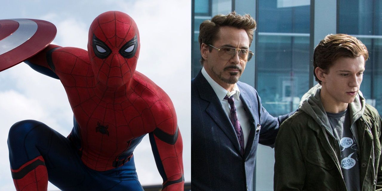 Split image of Spider-Man in Civil War and Tony and Peter in Spider-Man Homecoming