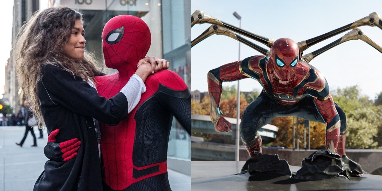 Split image of Spidey with MJ in Far From Home and with robotic arms in No Way Home