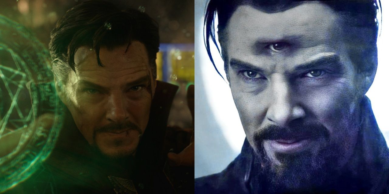 Split image of Stephen Strange using magic in Doctor Strange and opening his third eye in Multiverse of Madness