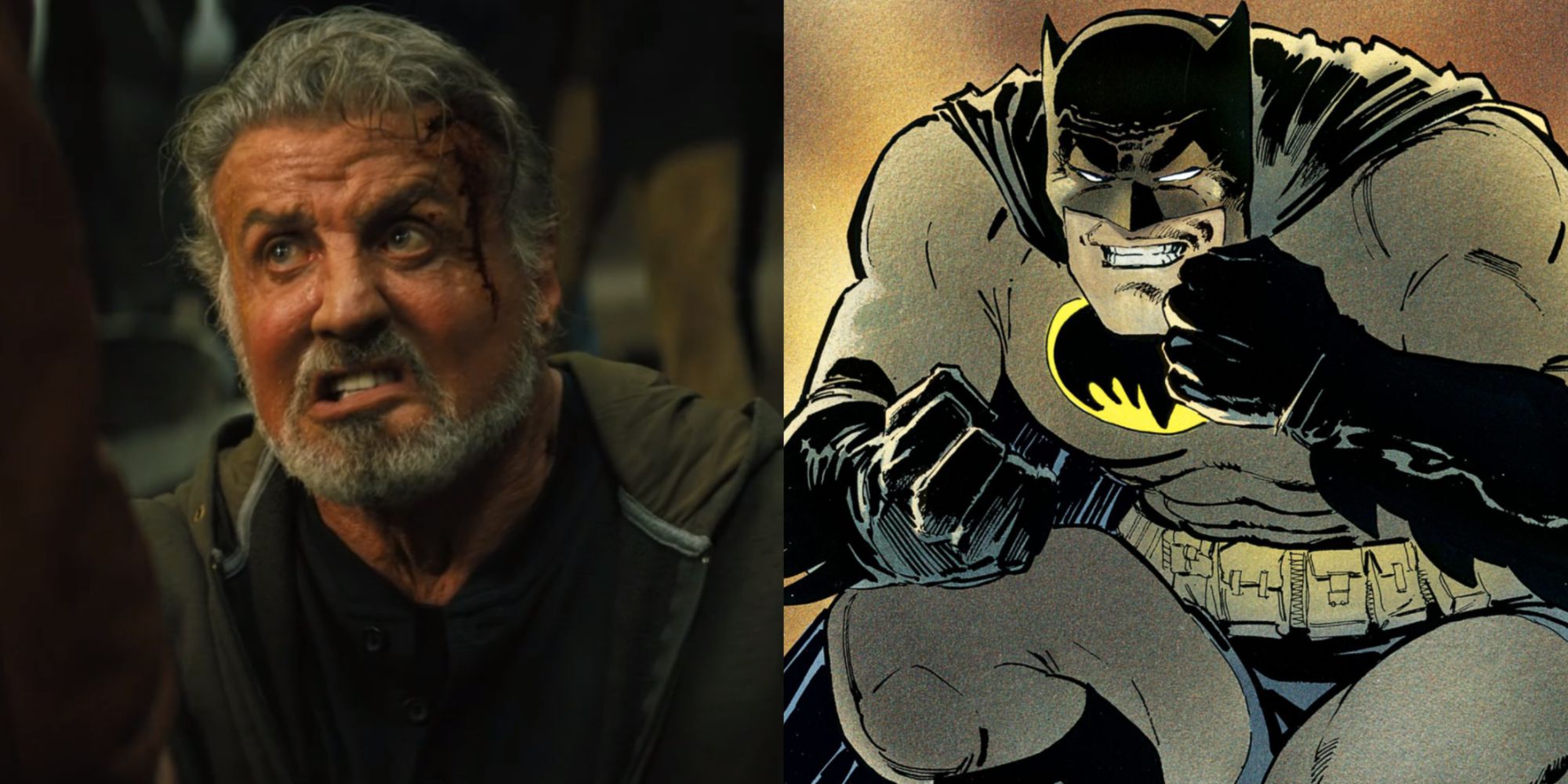 Split image of Sylvester Stallone as Joe in Samaritan (2022) and the older Batman in The Dark Knight Returns