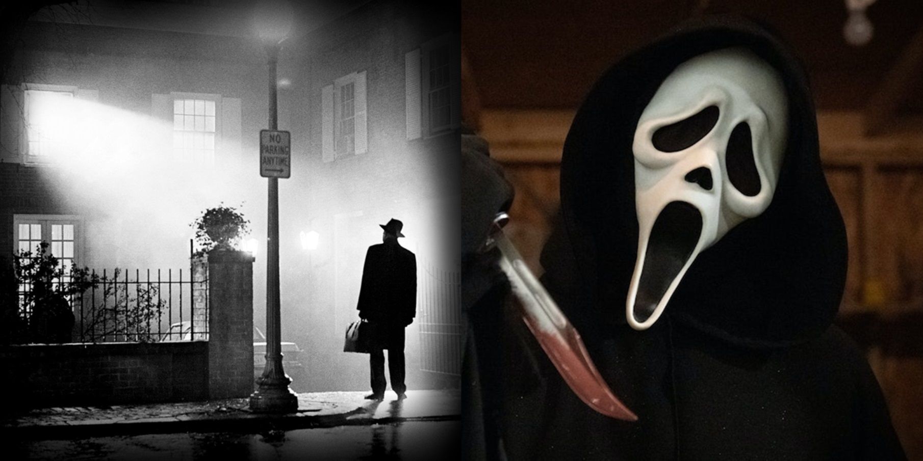 Split image of The Exorcist poster and Ghostface with a knife in Scream