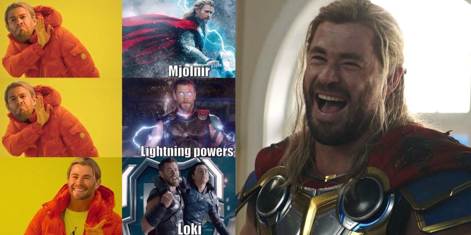 Split image of Thor laughing at a Thor meme