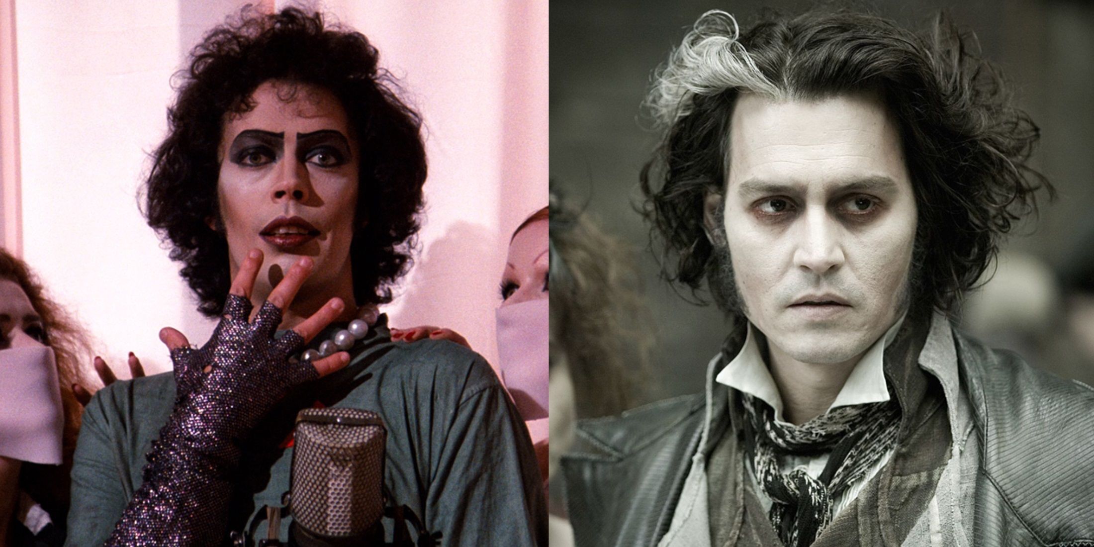 Split image of Tim Curry in The Rocky Horror Picture Show and Johnny Depp in Sweeney Todd