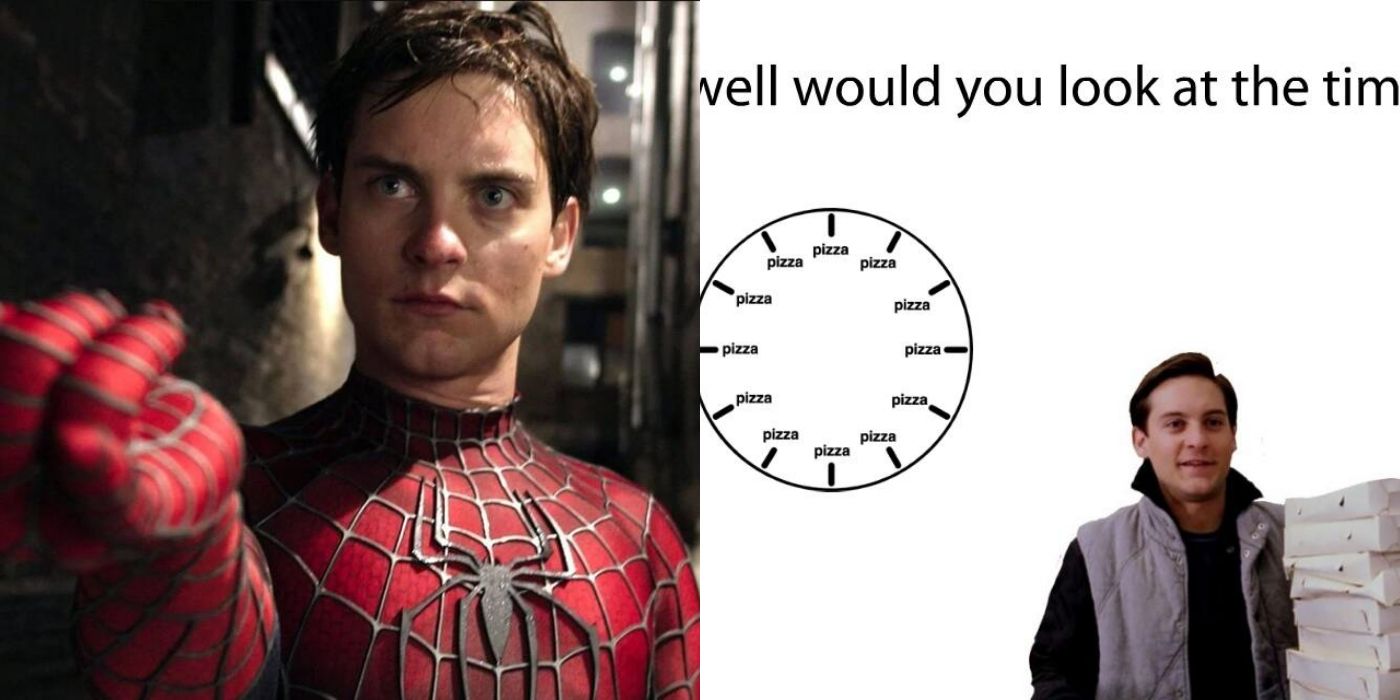 Split image of Tobey Maguire's Spider-Man webbing and a meme about pizza time
