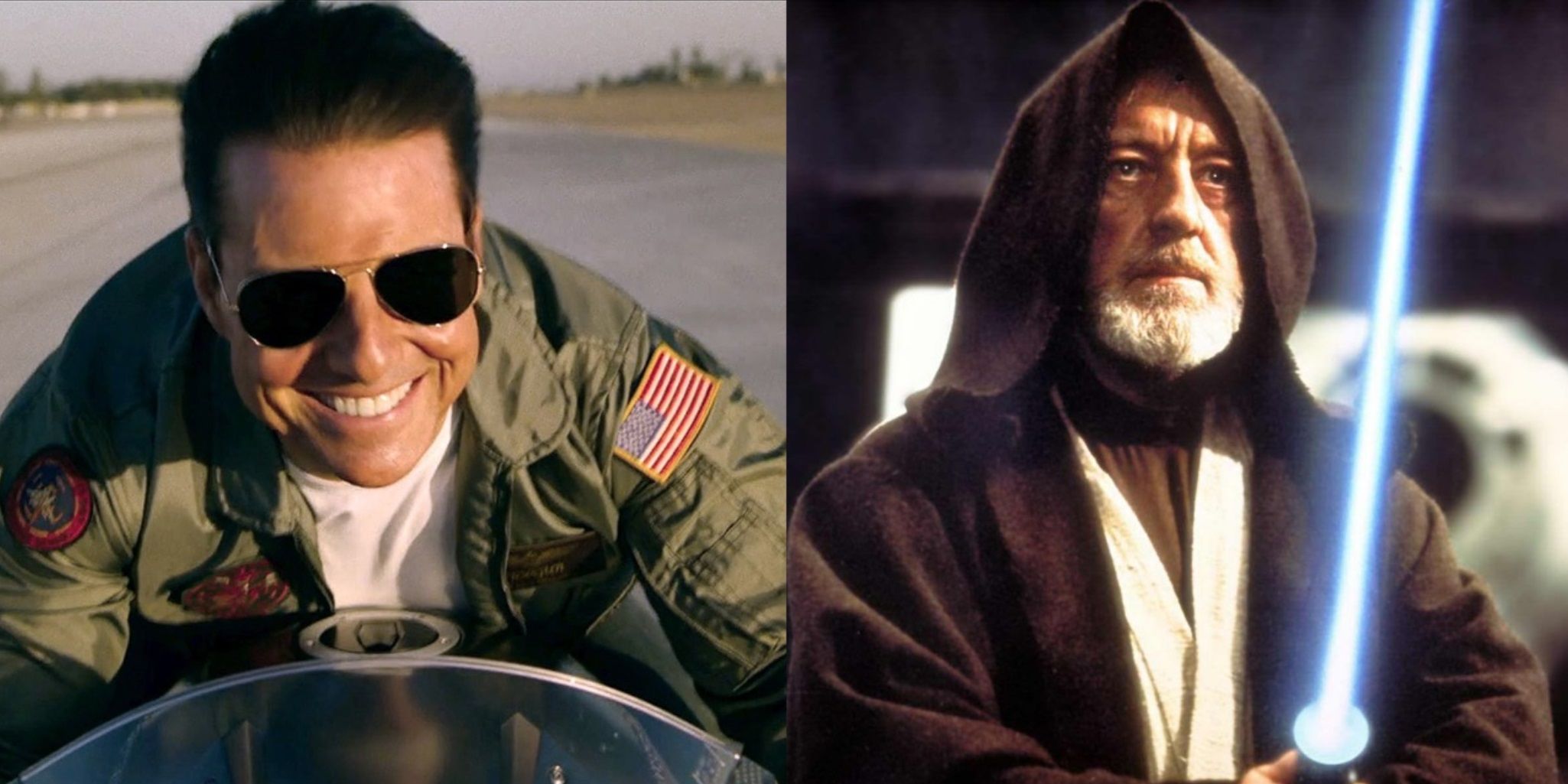 Imagem dividida de Tom Cruise em Top Gun Maverick e Alec Guinness em Star Wars