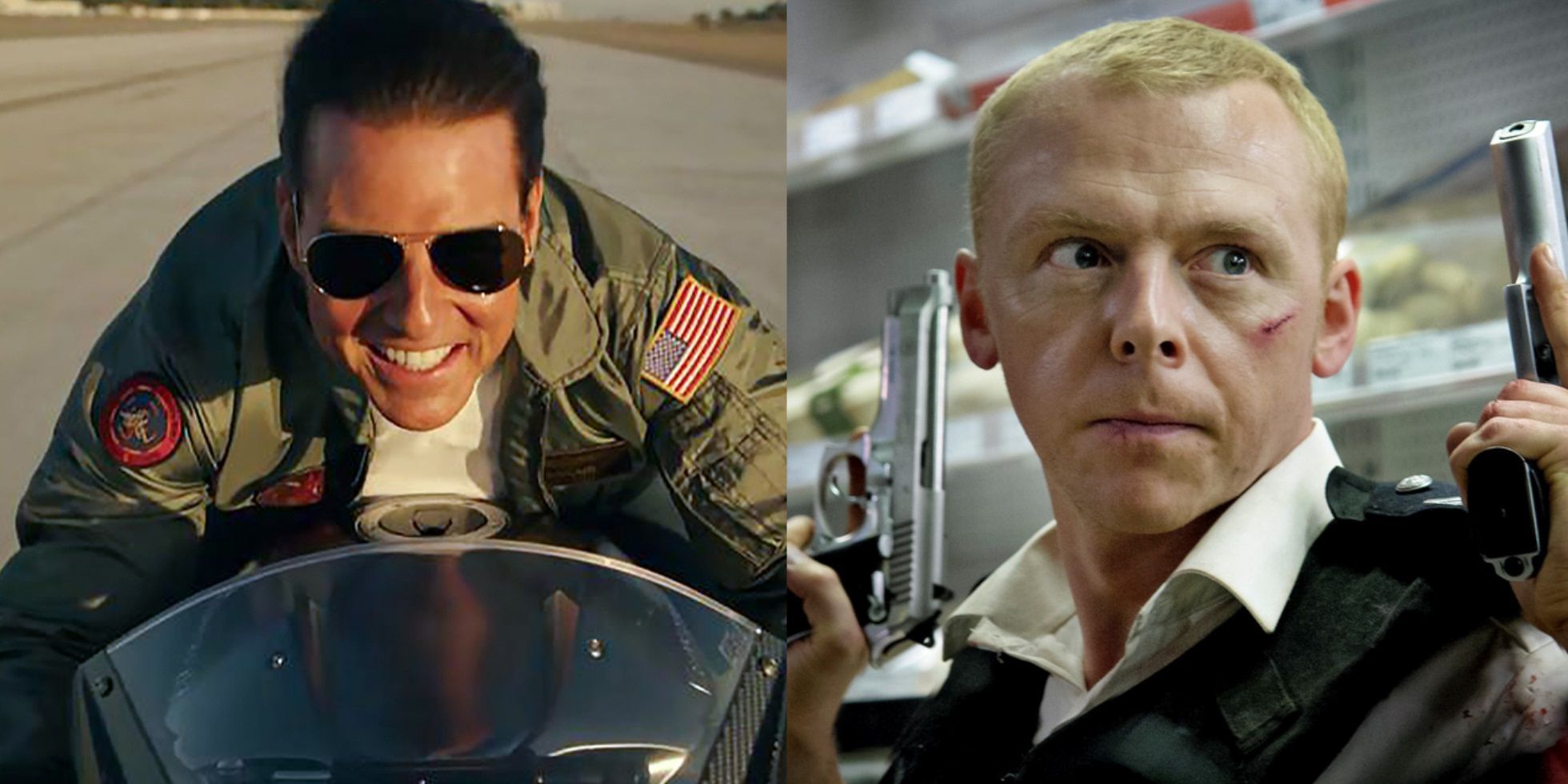 Split image of Tom Cruise in Top Gun Maverick and Simon Pegg in Hot Fuzz