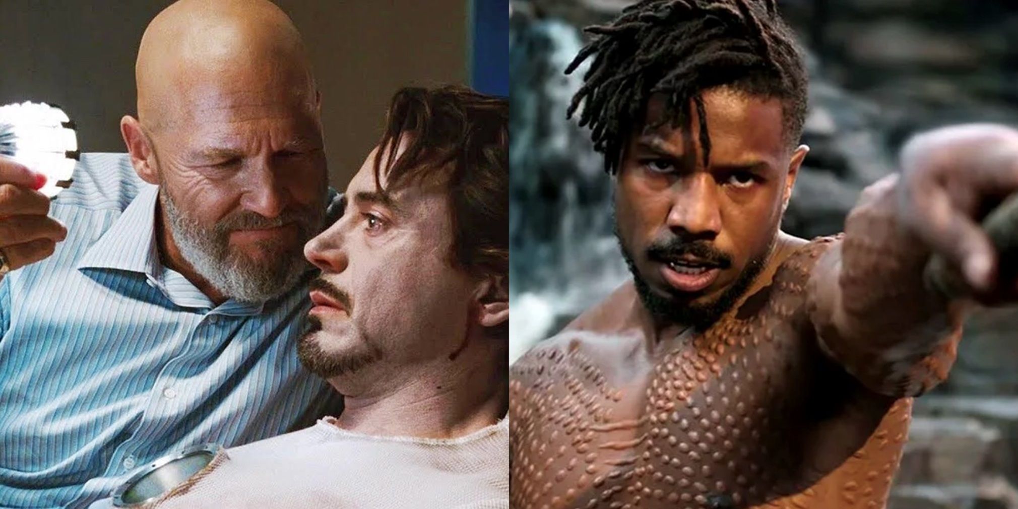 Split image of Tony Stark and Obadiah Stane in Iron Man and Killmonger in Black Panther