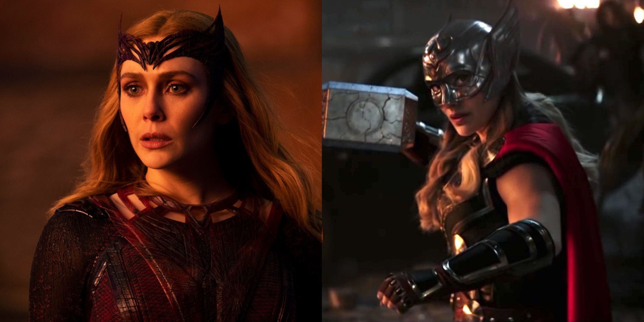 Split image of Wanda in Doctor Strange in the Multiverse of Madness and Jane Foster in Thor Love and Thunder