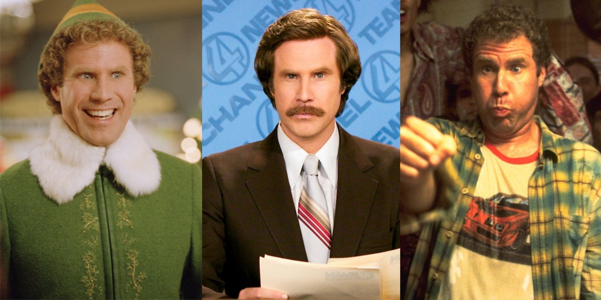 Split image of Will Ferrell in Elf, Anchorman, and Old School