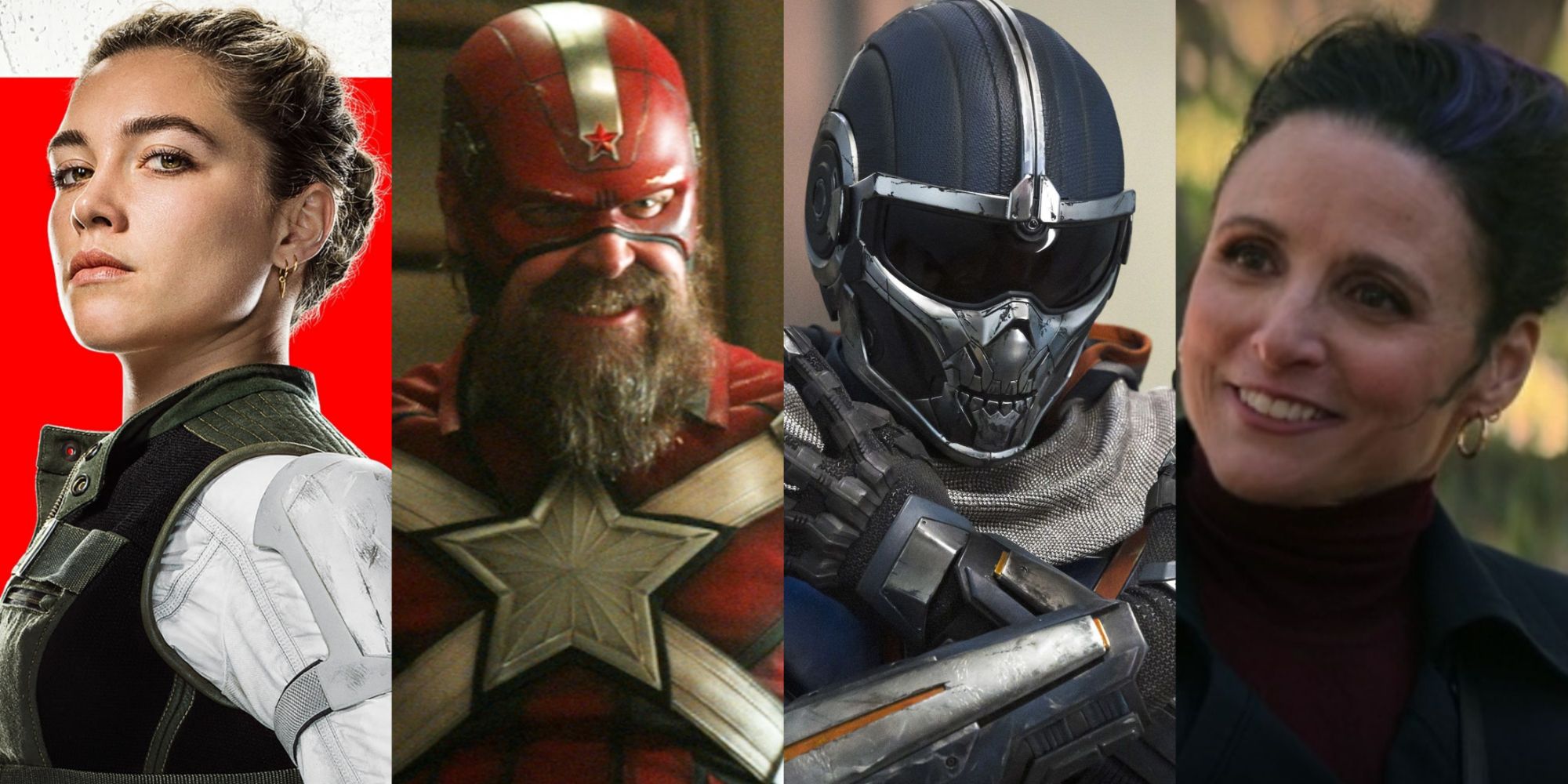 Split image of Yelena Belova, Red Guardian, Taskmaster, and Valentina in Black Widow (2021)