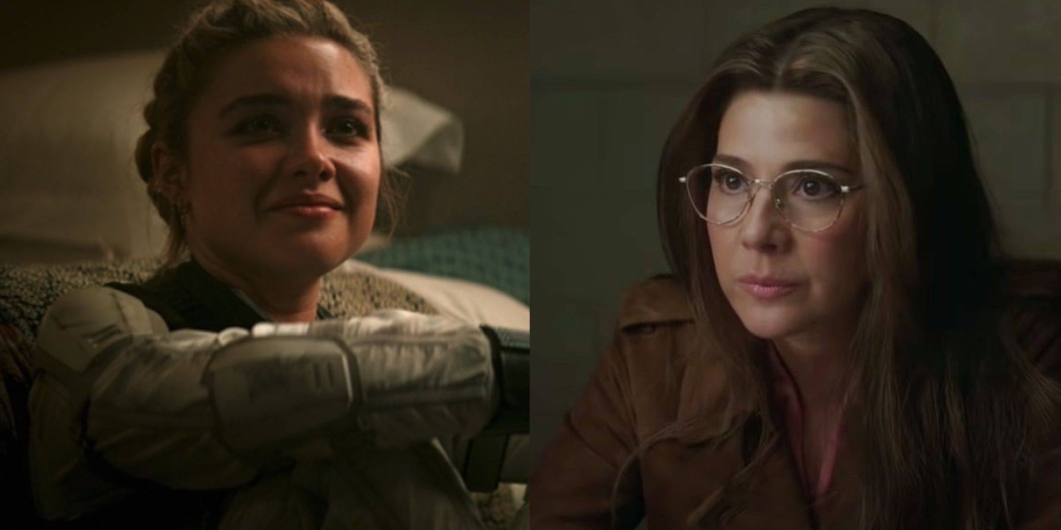 Split image of Yelena in Black Widow and Aunt May in Spider-Man No Way Home