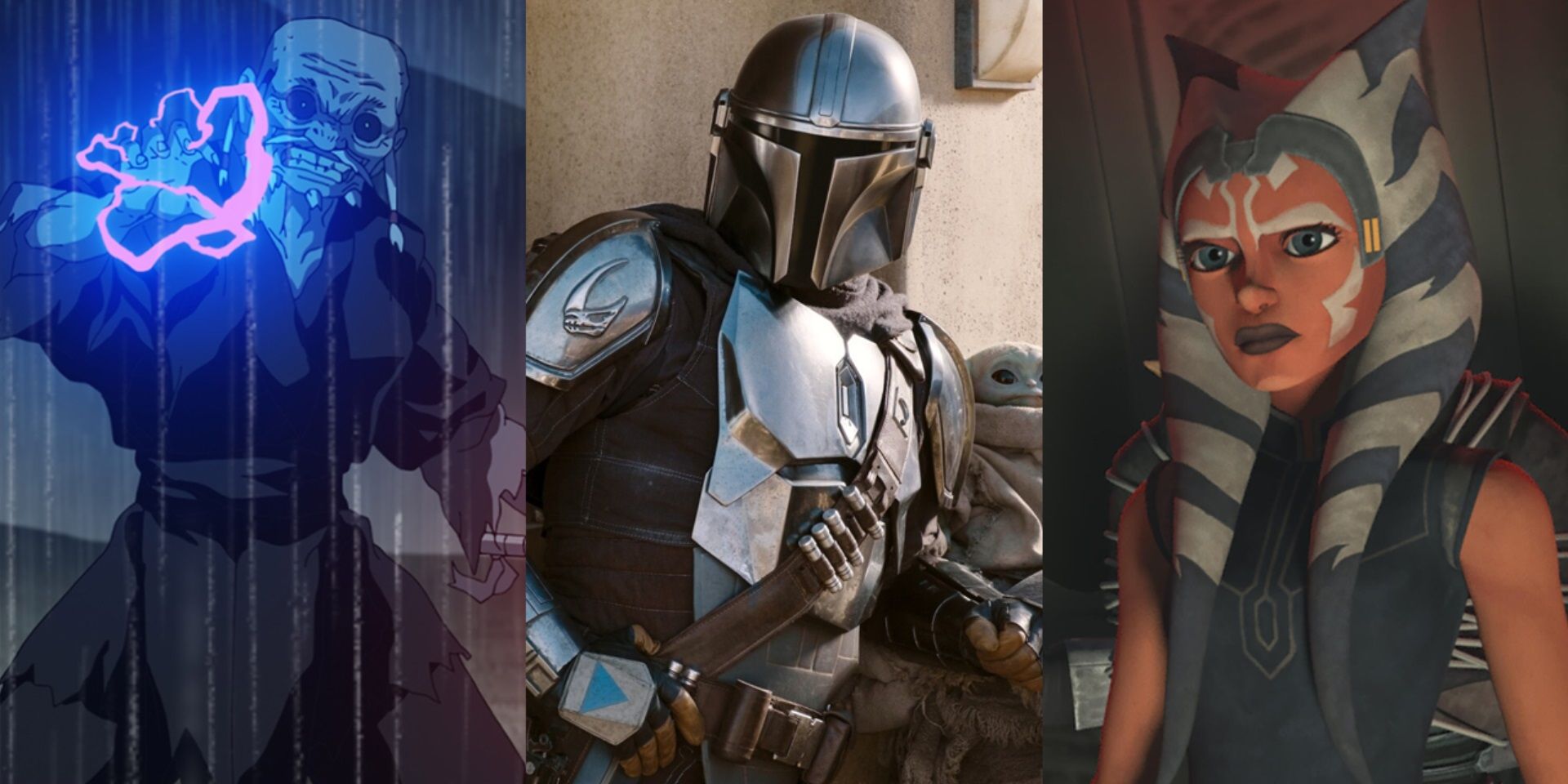 Split image of a Force user in Star Wars Visions, Mando in The Mandalorian, and Ahsoka in The Clone Wars