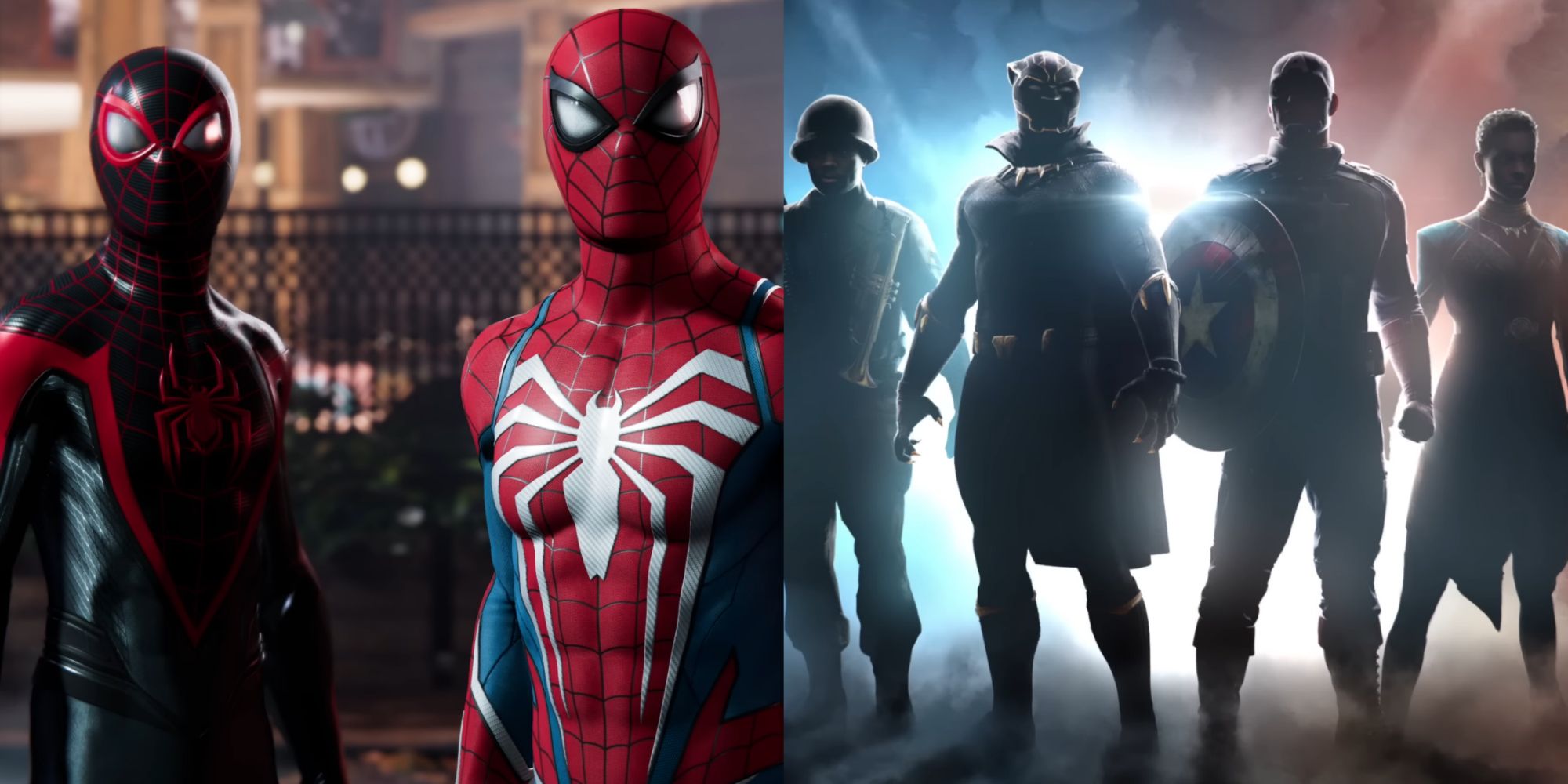 Split image of cinematic trailers for Marvel's Spider-Man and Skydance's Black Panther and Captain America game