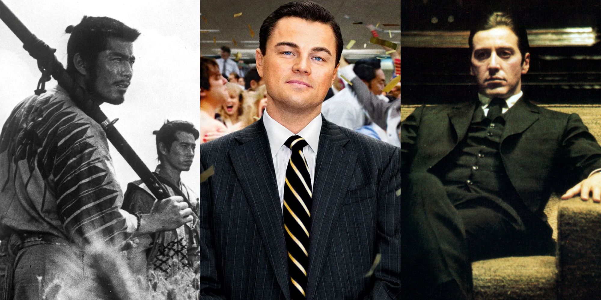 Split image of main characters from Seven Samurai, The Wolf of Wall Street and The Godfather Part II