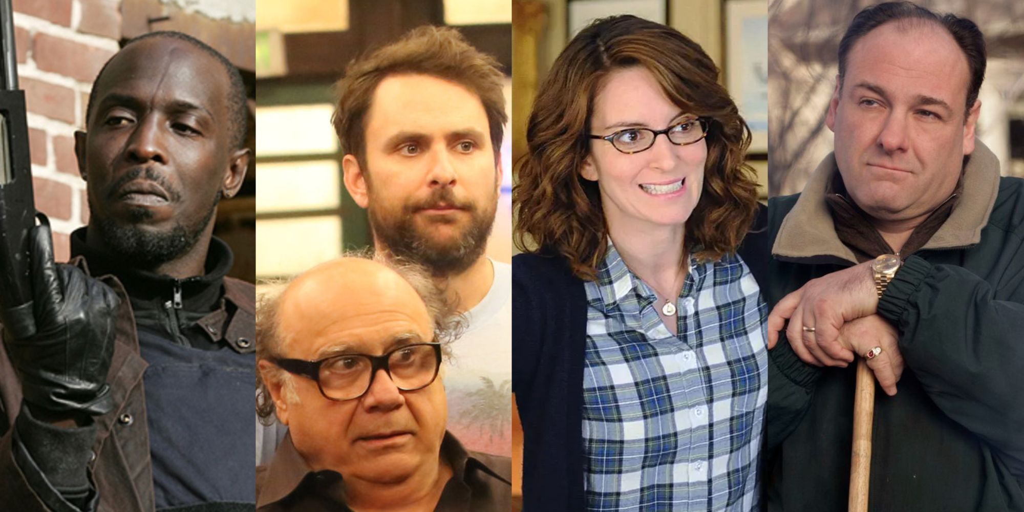 Split image of main characters from The Wire, It's Always Sunny In Philadelphia, 30 Rock and The Sopranos