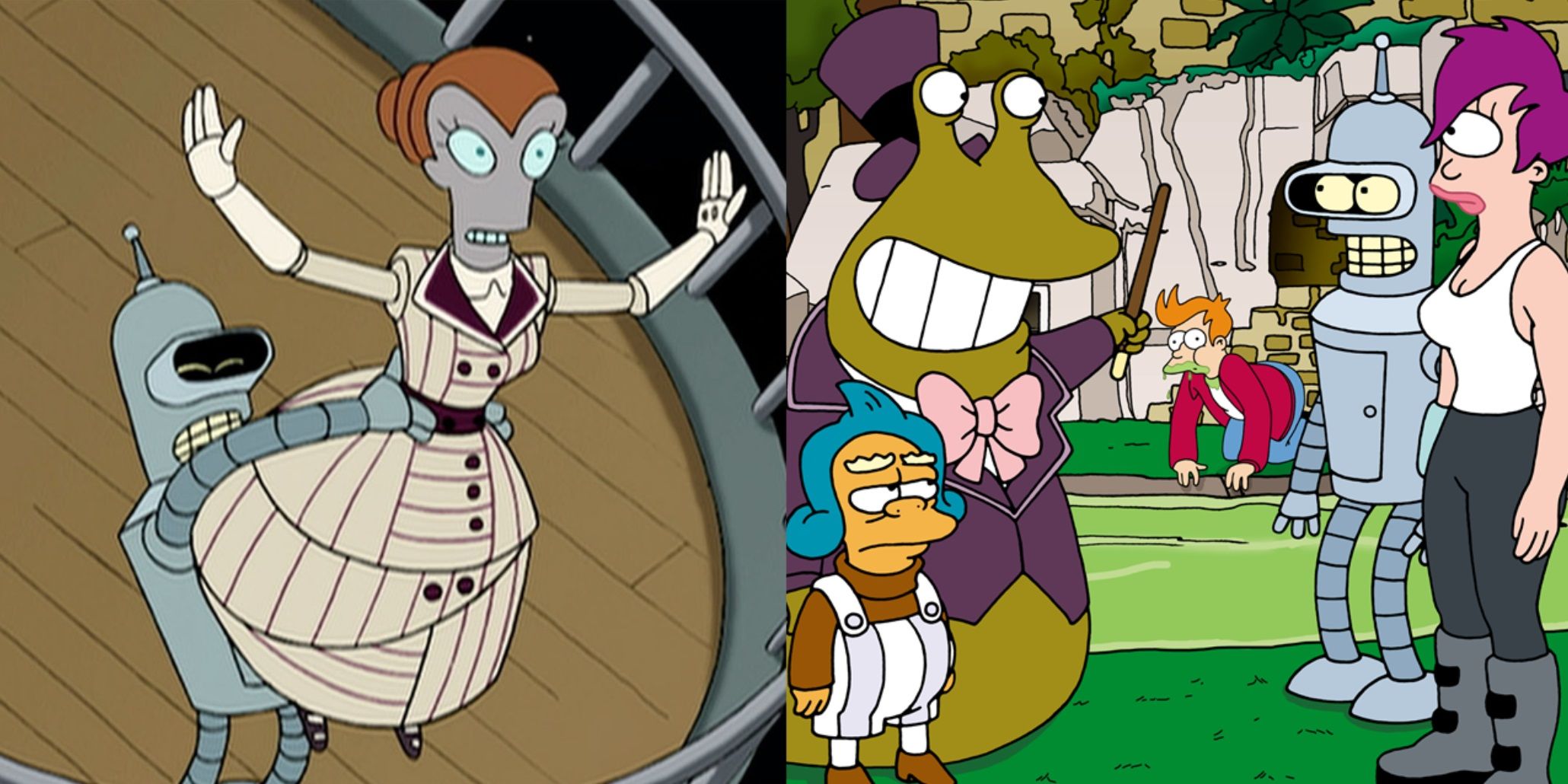 Split image of spoofs of Titanic and Willy Wonka in Futurama