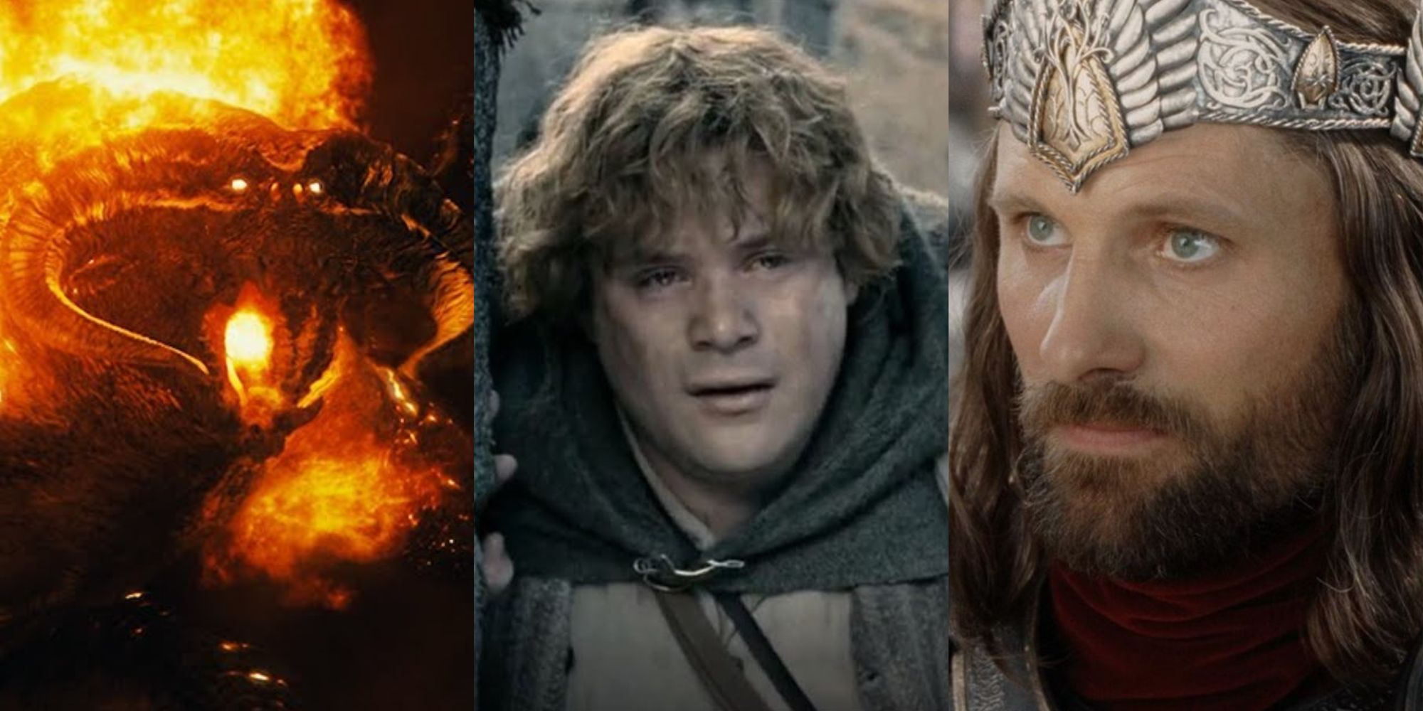 Split image of the Balrog, Sam and Aragorn from the Lord of the Rings movies