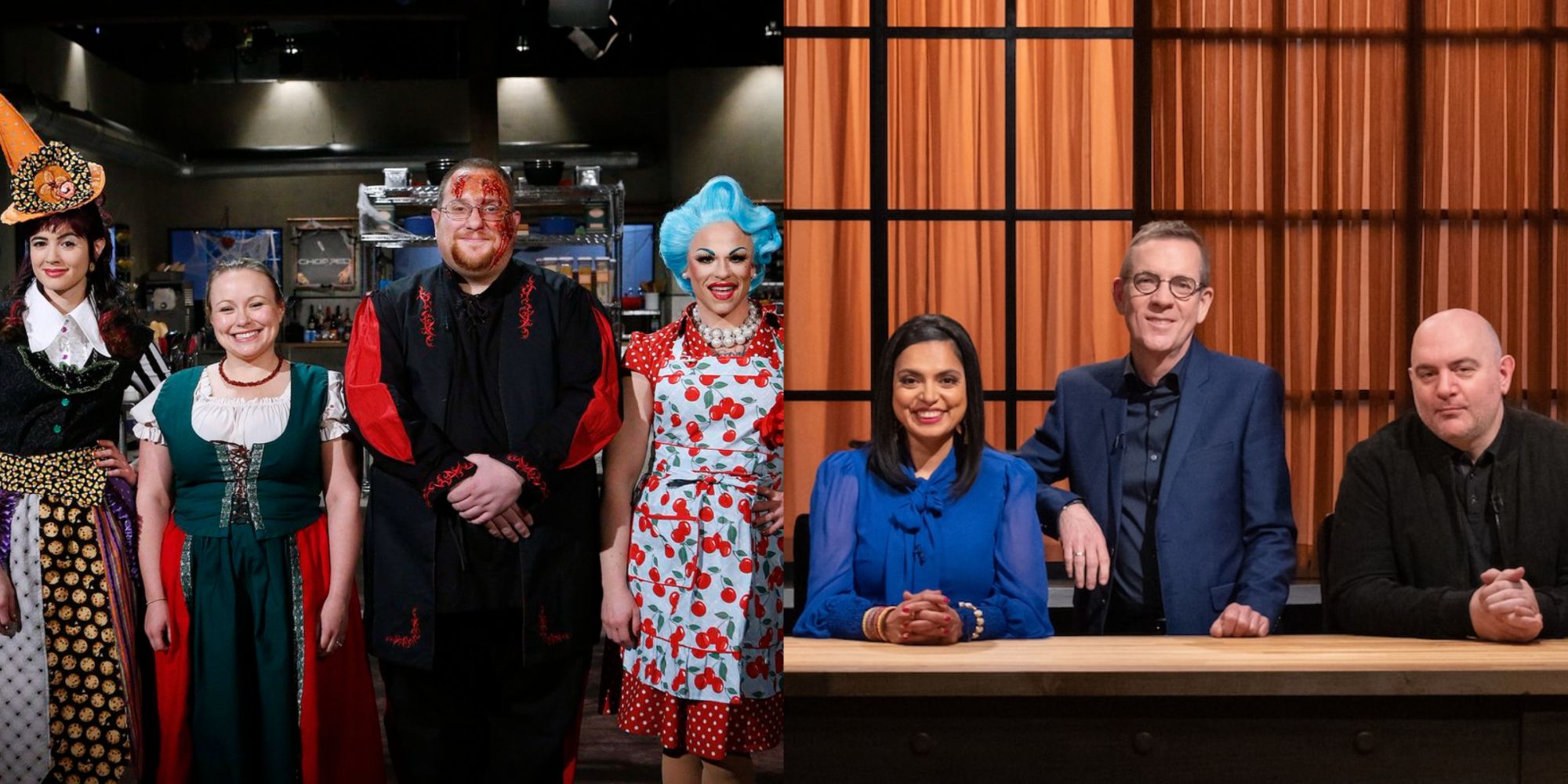 Split image of the Chopped judges and contestants from a Halloween themed episode