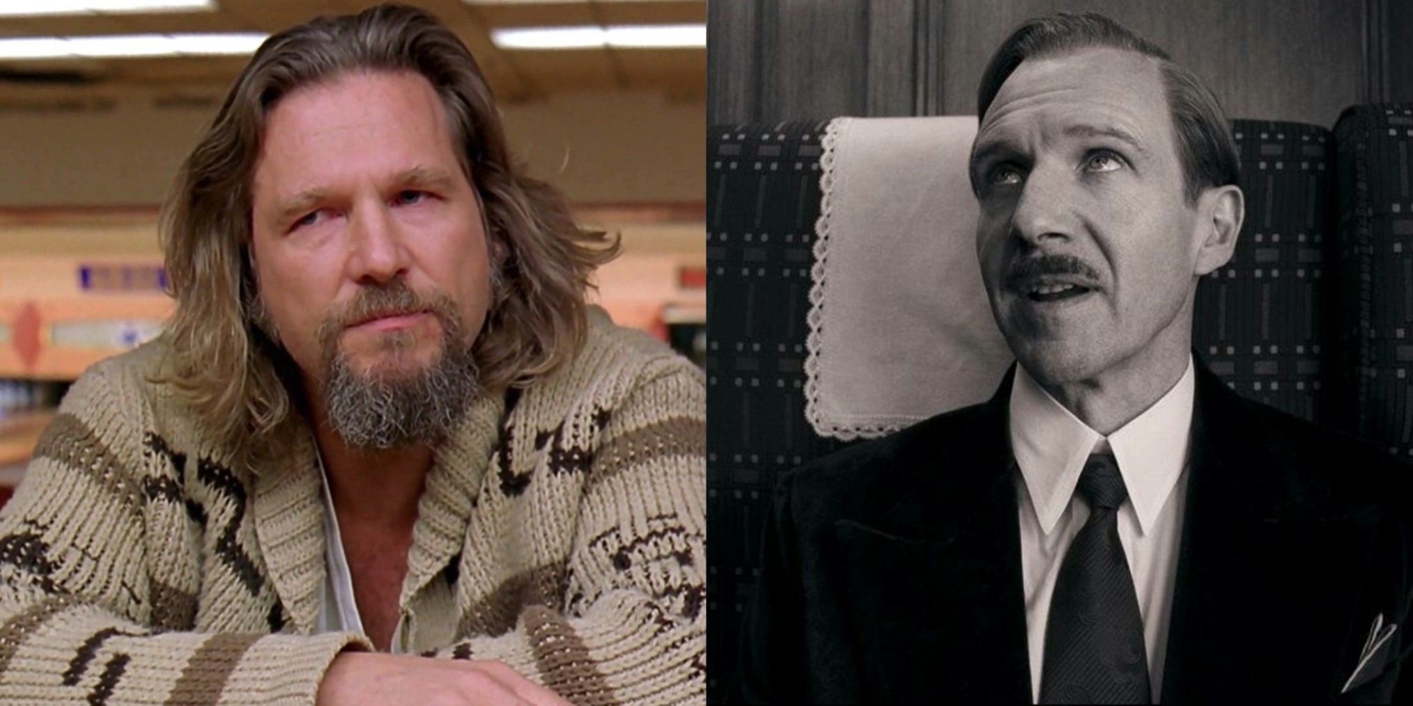 Split image of the Dude in The Big Lebowski and M Gustave in The Grand Budapest Hotel