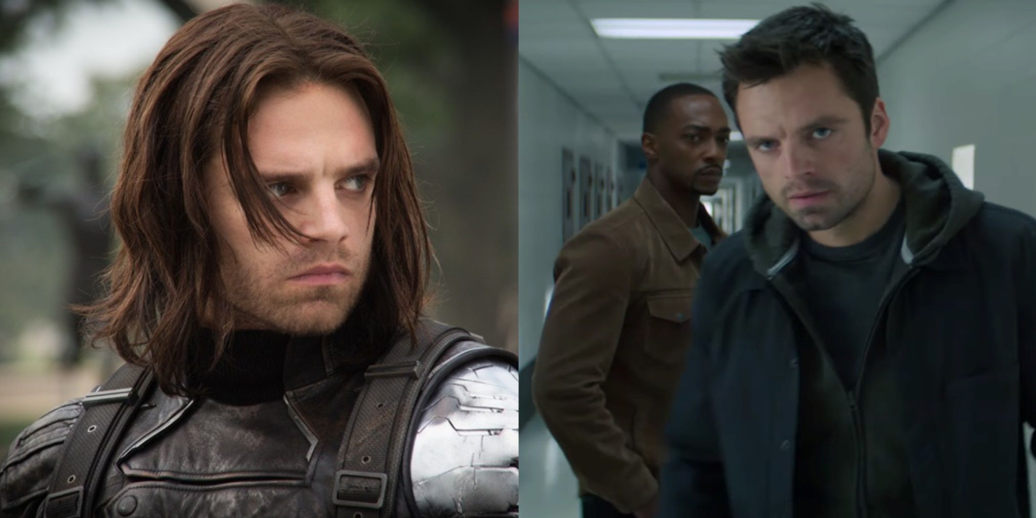 Split image of the Winter Soldier in the MCU and Sam and Bucky in Falcon and the Winter Soldier