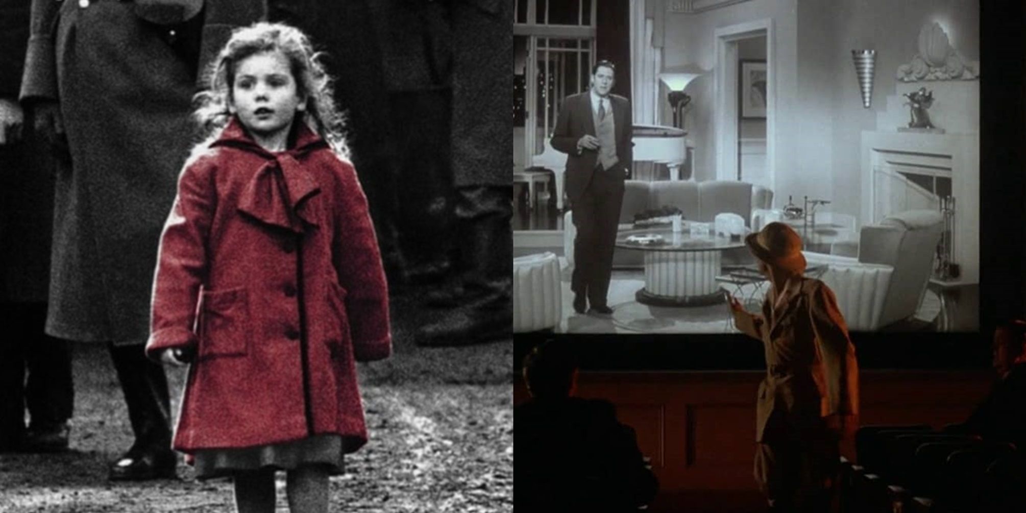 Split image of the girl in the red coat in Schindler's List and a character stepping out of a movie in The Purple Rose of Cairo