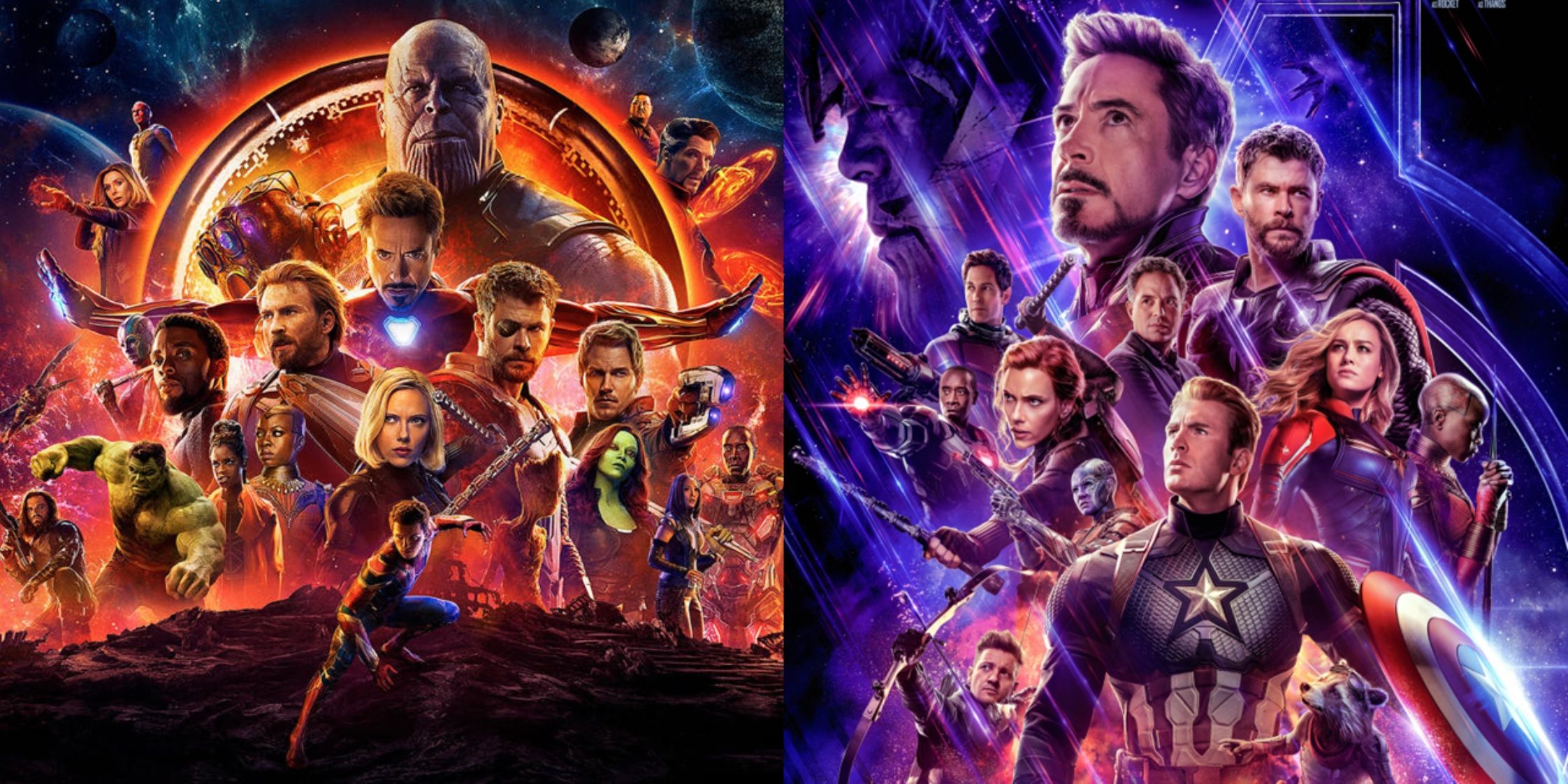 Split image of the posters for Avengers Infinity War and Avengers Endgame