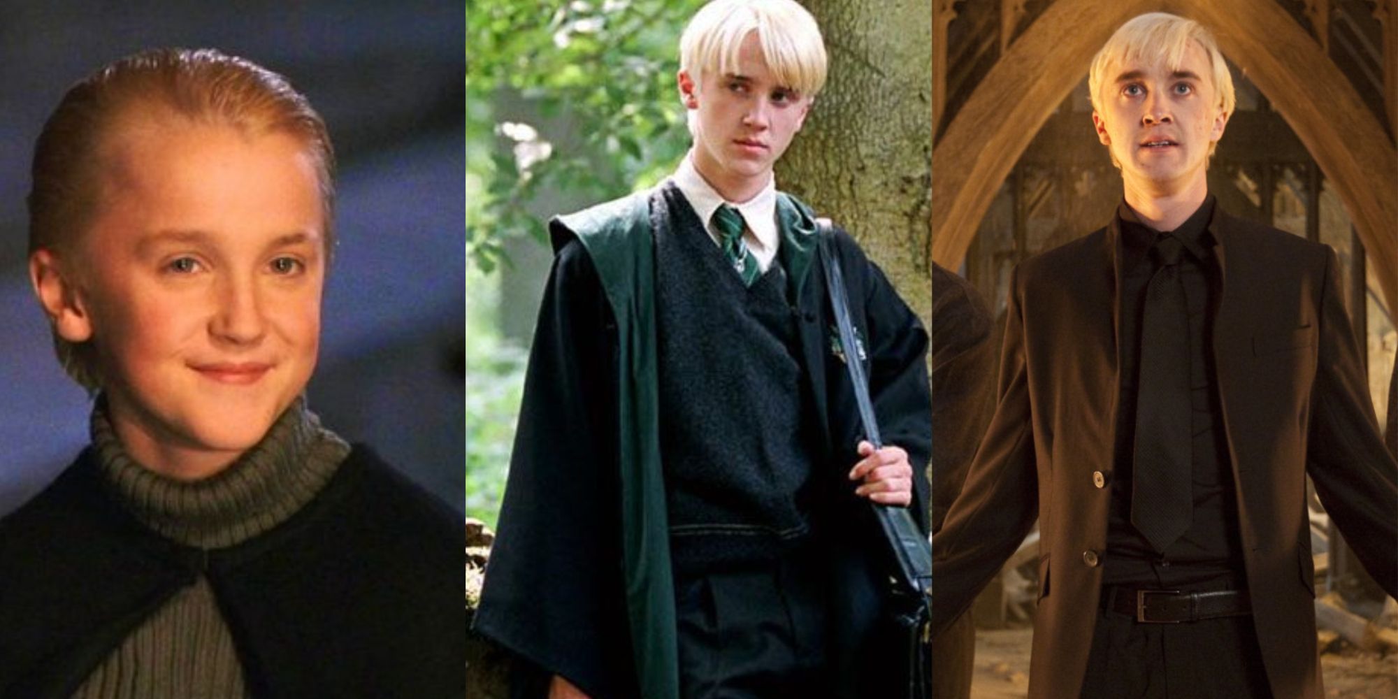 Split image of young Draco Malfoy smiling, Draco in his uniform, and Draco standing in a suit in Harry Potter