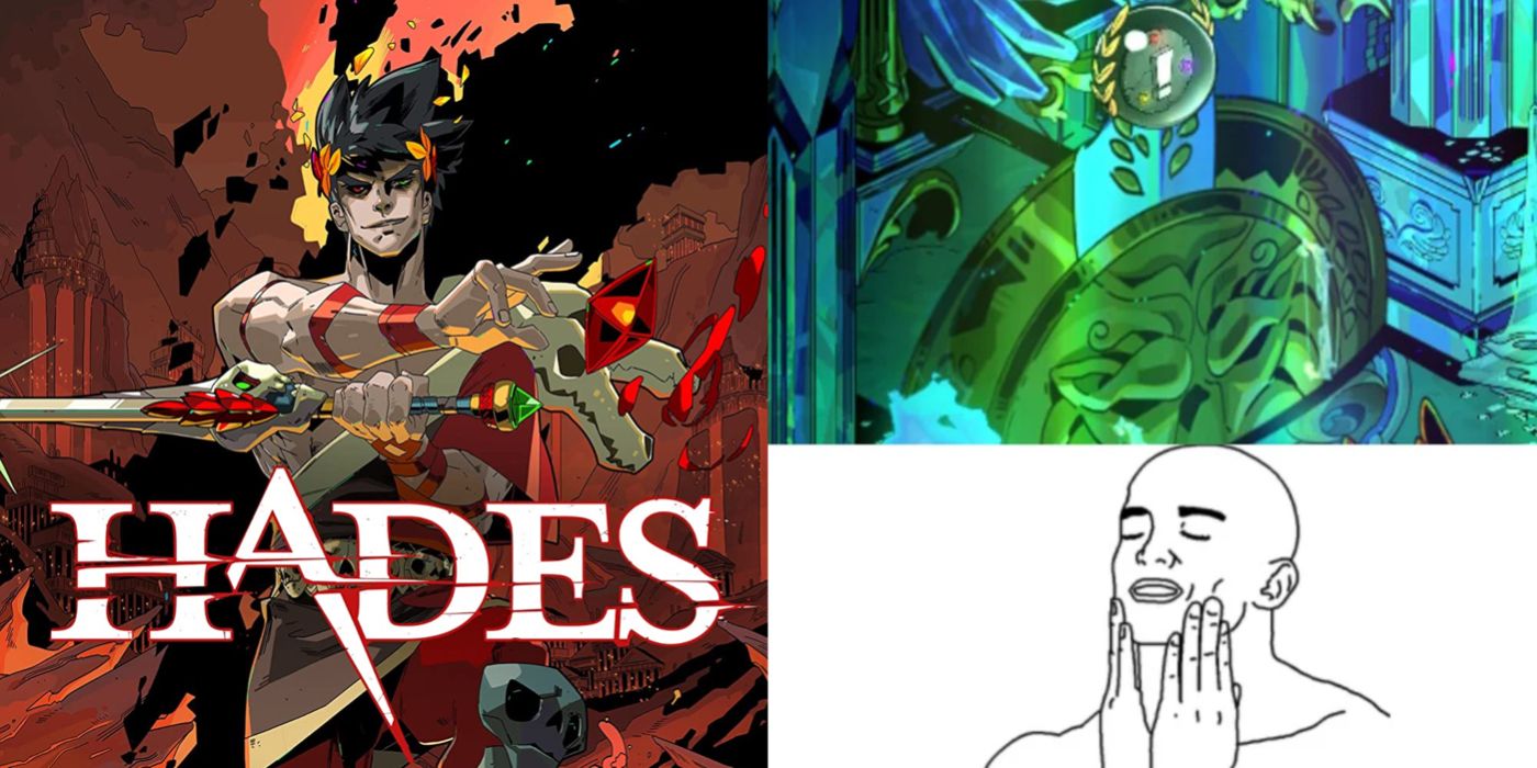 Split image showing Hades game cover art and a meme about the game
