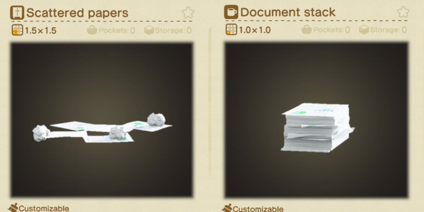Split image showing the scattered papers and document stack recipes in Animal Crossing New Horizons