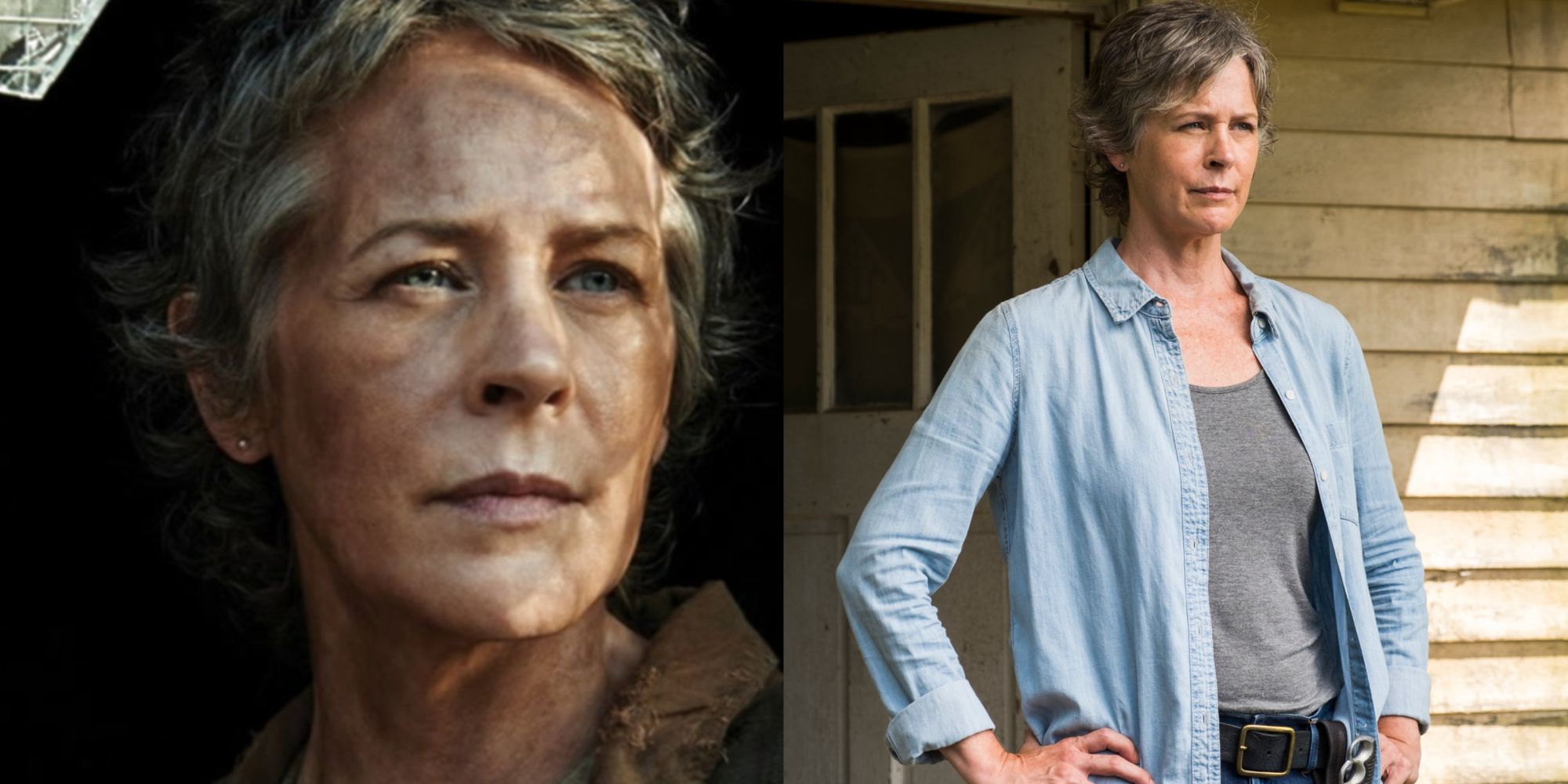 Split images of Carol looking through a window and standing on a porch in The Walking Dead