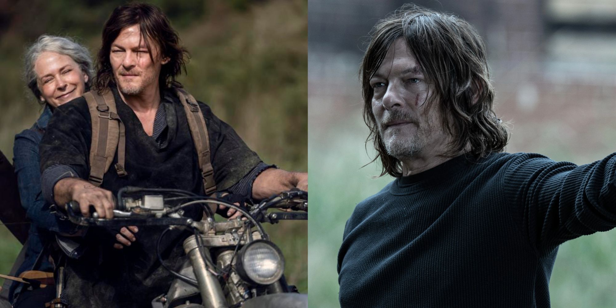 Split images of Daryl and Carol on a bike and Daryl by a tree in The Walking Dead