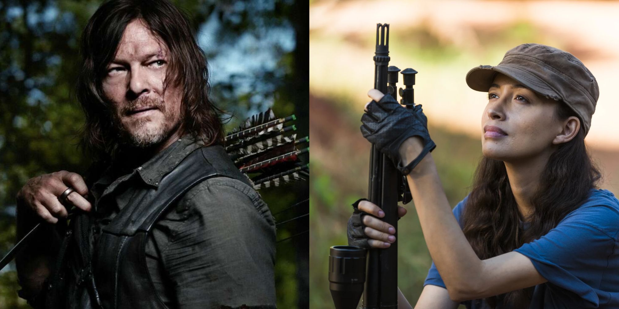 Split images of Daryl holding a crossbow and Rosita holding a rifle in The Walking Dead