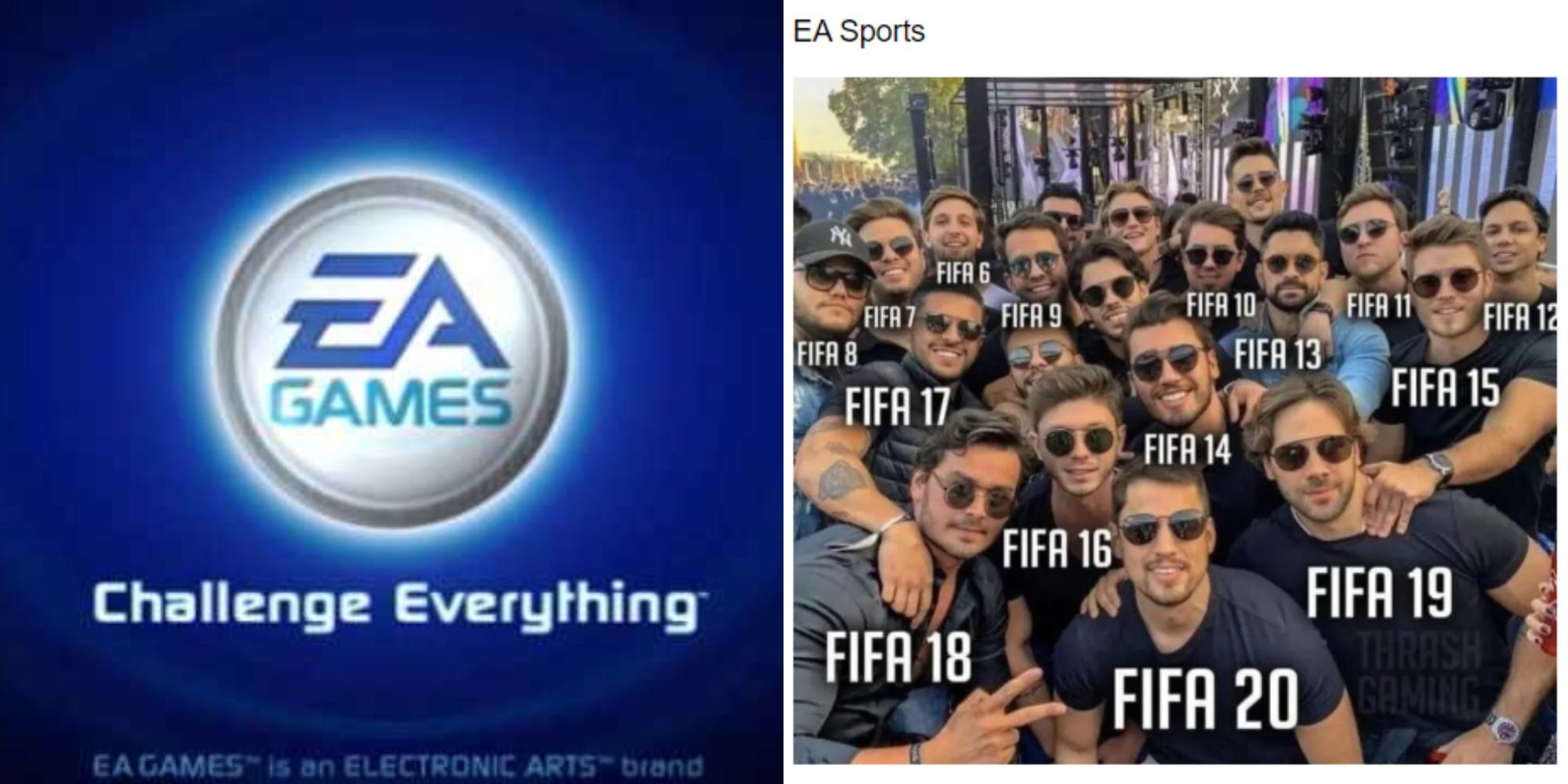Split images of EA logo and an EA sports meme