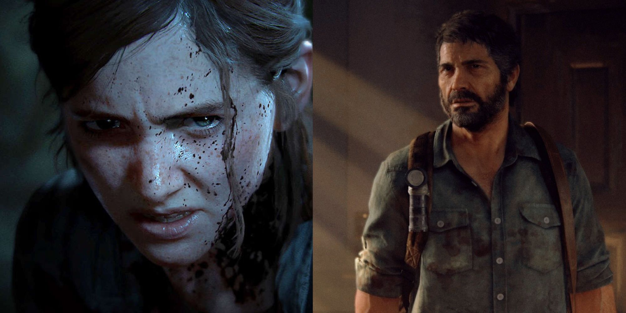 Split images of Ellie angry and Joel with a backpack in The Last of Us