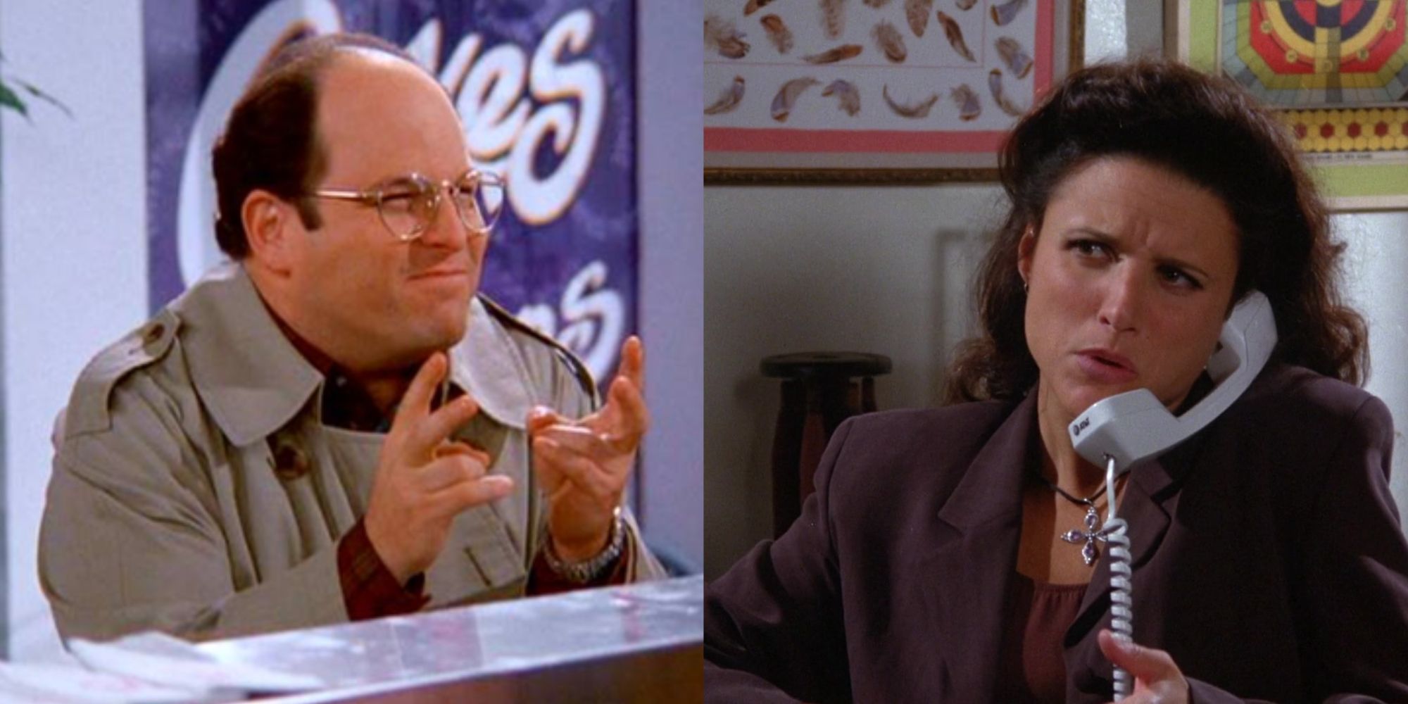 Split images of George looking angry and Elaine on the phone in Seinfeld
