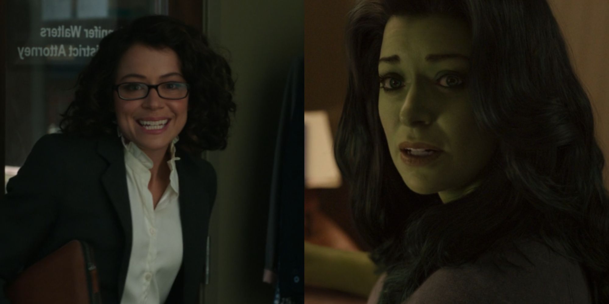 Split images of Jennifer Walters in her office and She-Hulk turning around to the camera