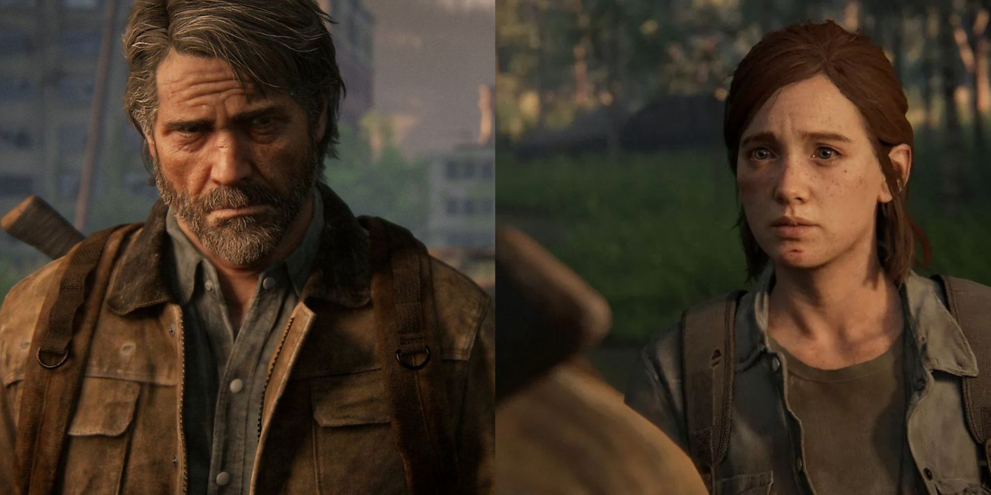 Split images of Joel and Ellie looking sad in The Last of Us 2