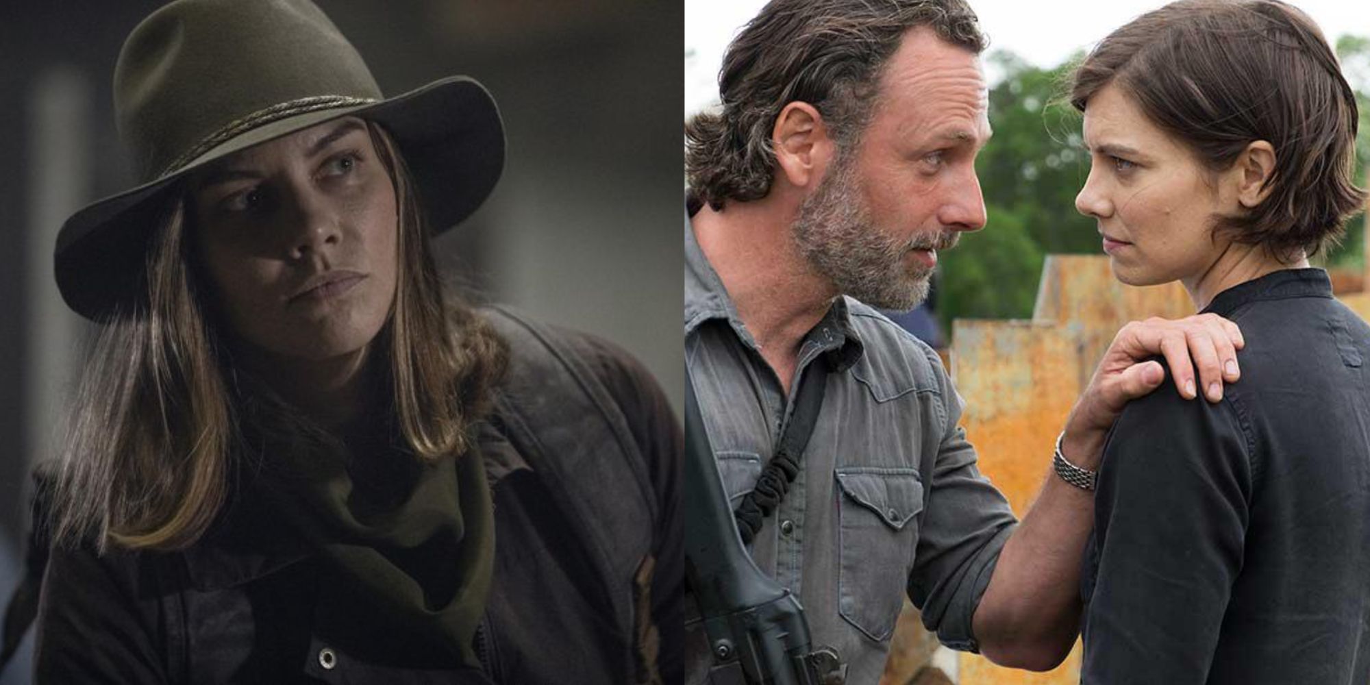 Split images of Maggie wearing a hat and Rick putting a hand on Maggie's shoulder in The Walking Dead