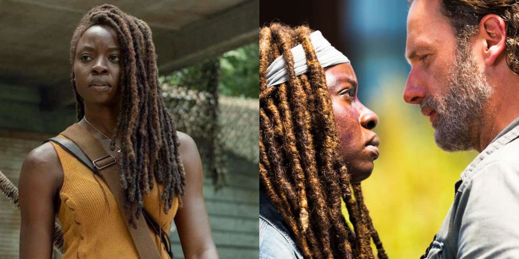 Split images of Michonne standing alone and Michonne looking at Rick in The Walking Dead