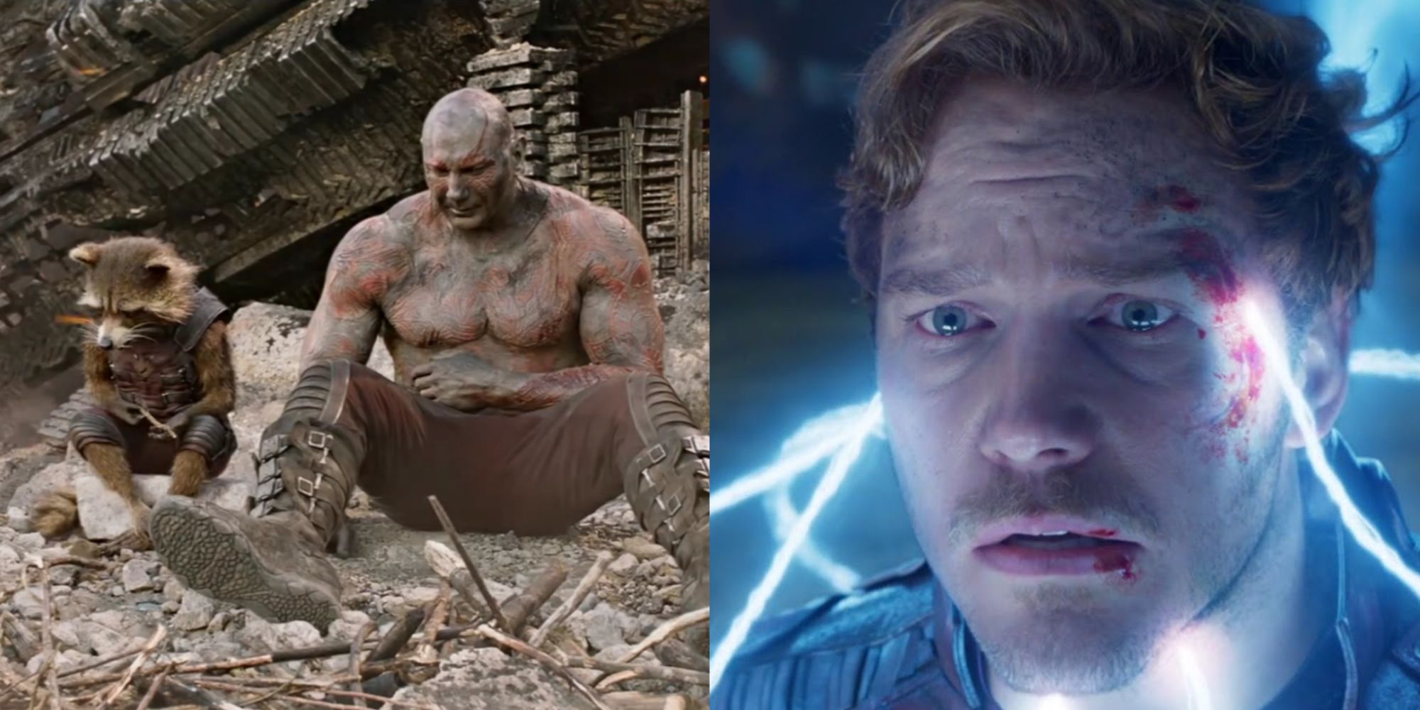 Split images of Rocket and Drax crying and Star Lord crying in Guardians of the Galaxy