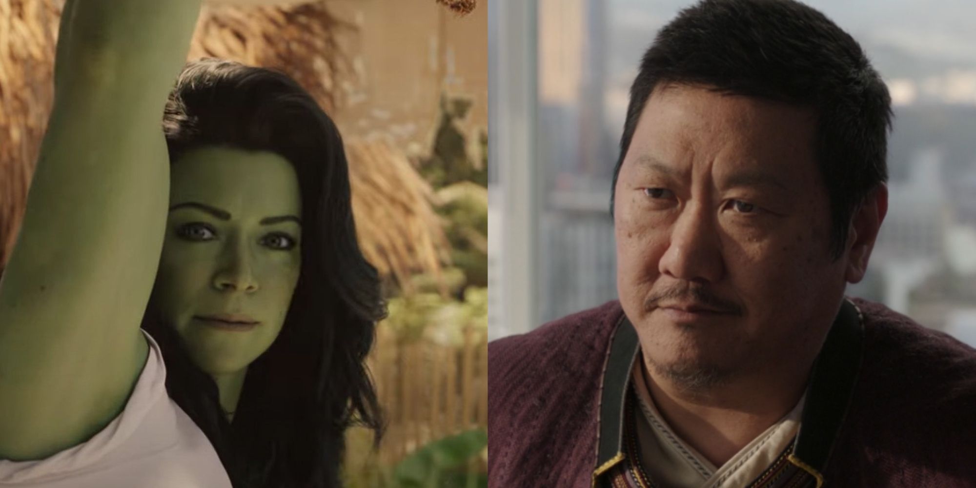 Split images of She-Hulk looking in the camera and Wong smiling